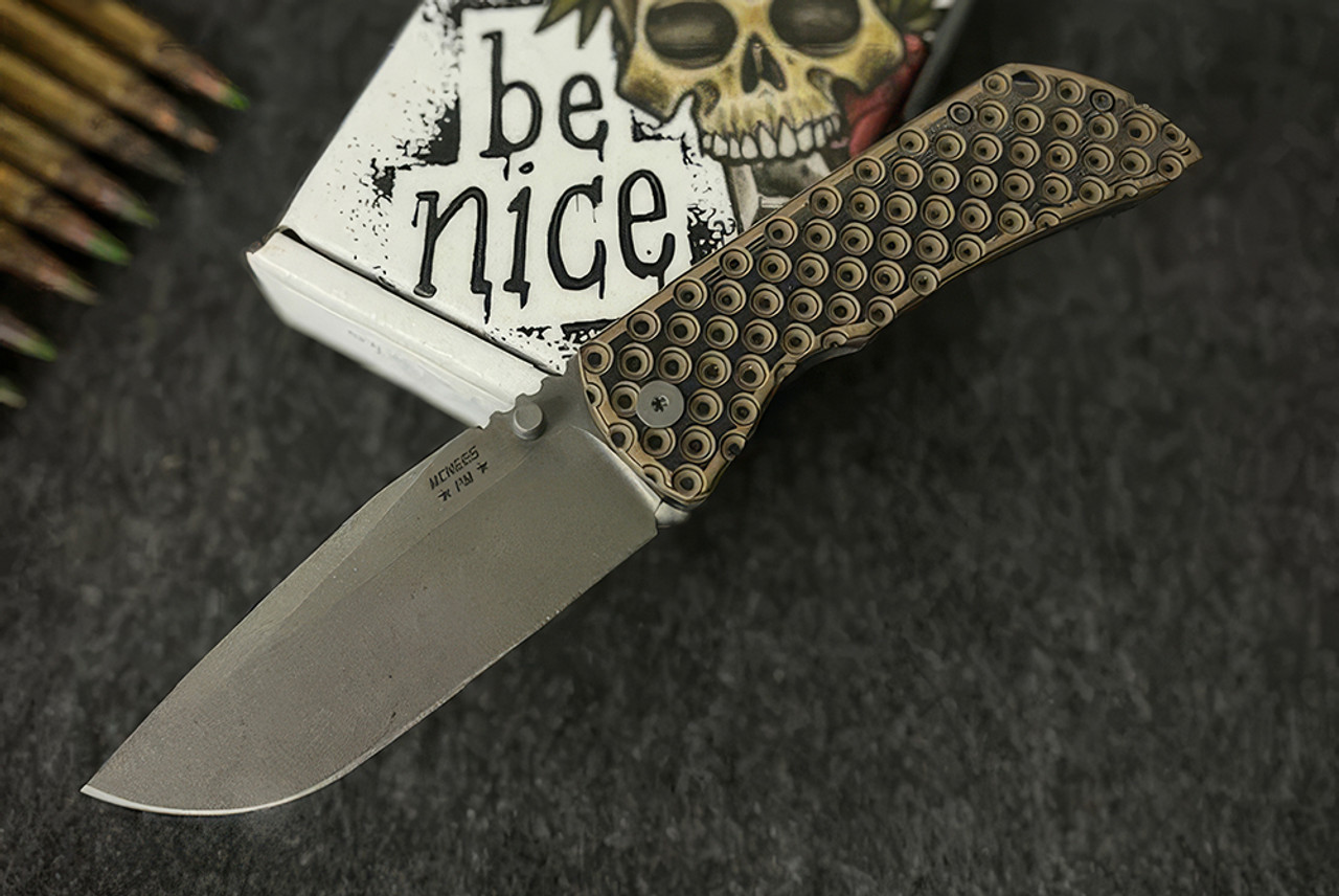 McNees Custom Knives PM MAC 2 3.5" Gen 2 Magnacut Atomic Stonewash Drop Point Blade w/ Coyote / Black G-10 Handles