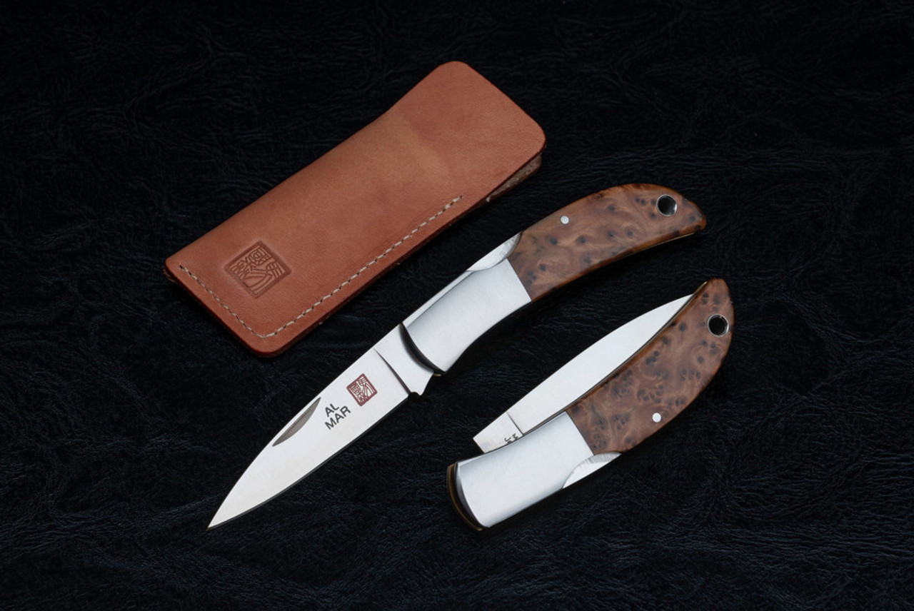 Al Mar Knives Hawk Classic Folding Knife Satin Blade w/ Briar Wood Handle and Leather Pouch - 1002BR