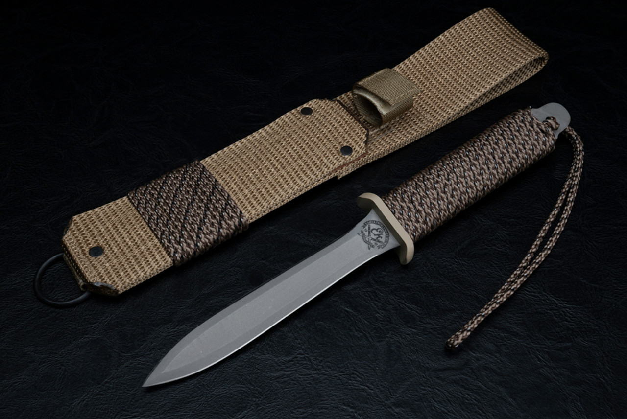 EK Knives Desert Recon Fixed Blade Dagger Knife Bead Blast Finish w/ Tan / Brown Cord Wrapped Handle and Sheath