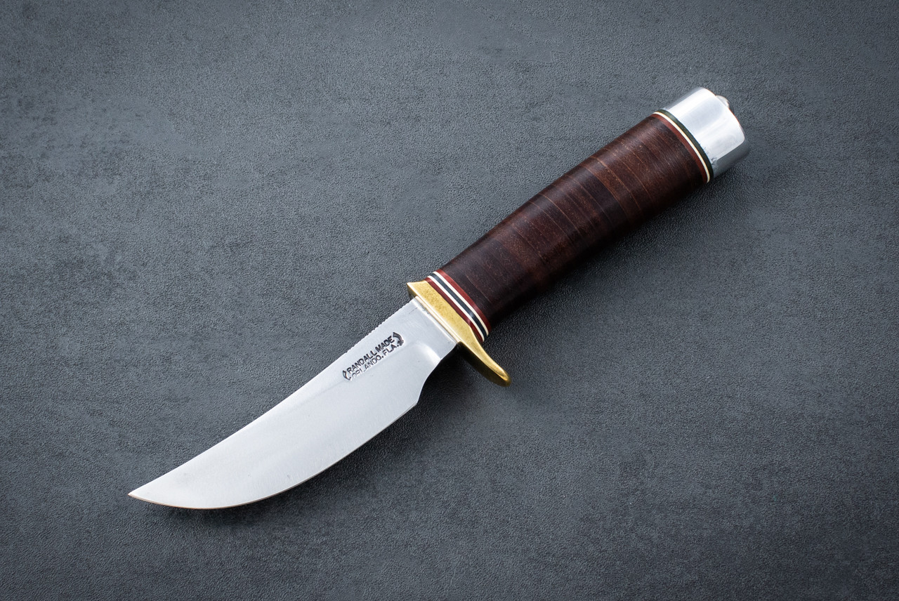 Randall Made Knives Model 20-4 1/2" Yukon Skinner Fixed Blade knife Carbon Steel Polished Blade w/ Brown Stacked Leather Handle and Leather Sheath