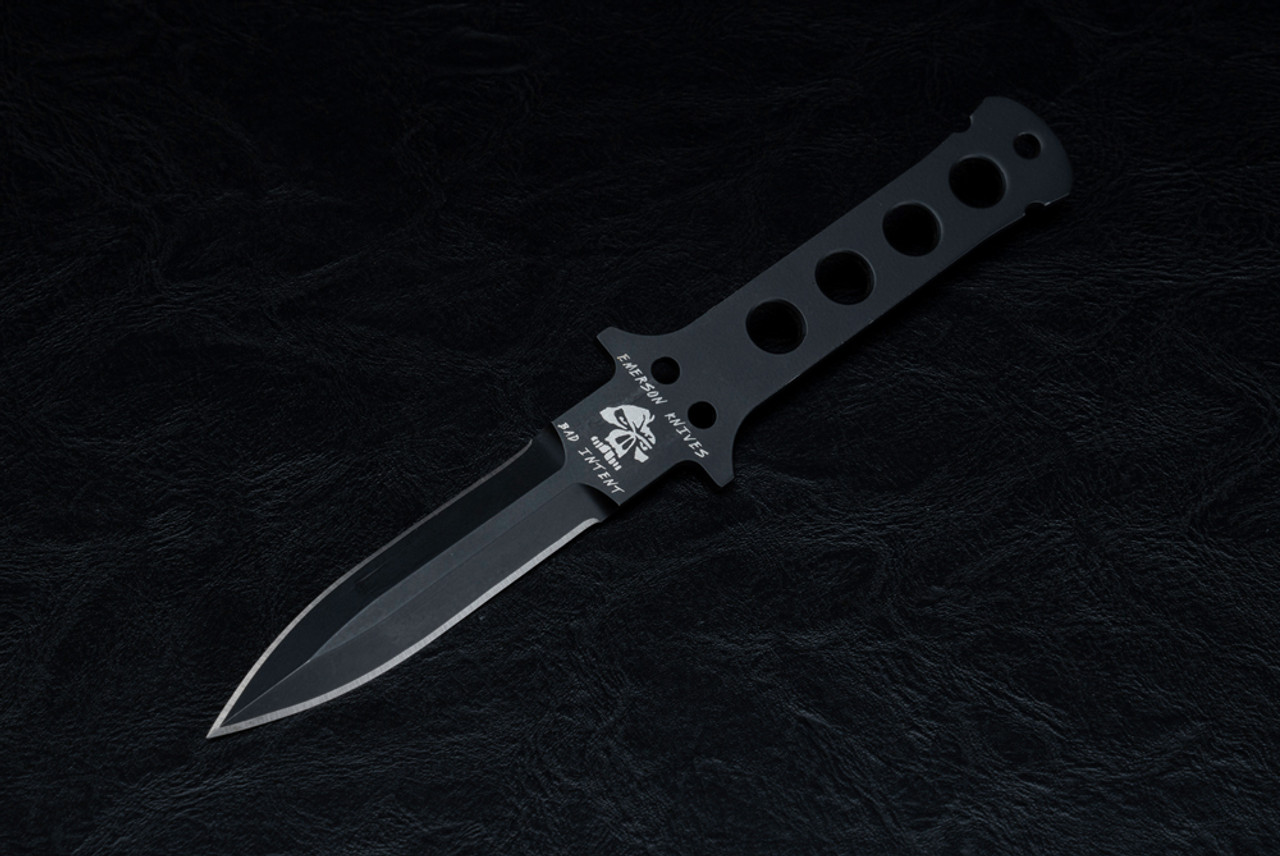 Ernest Emerson Fixed Blade Knife Bad Intent USN Dagger #017 Chisel Ground Black Blade w/ Sheath