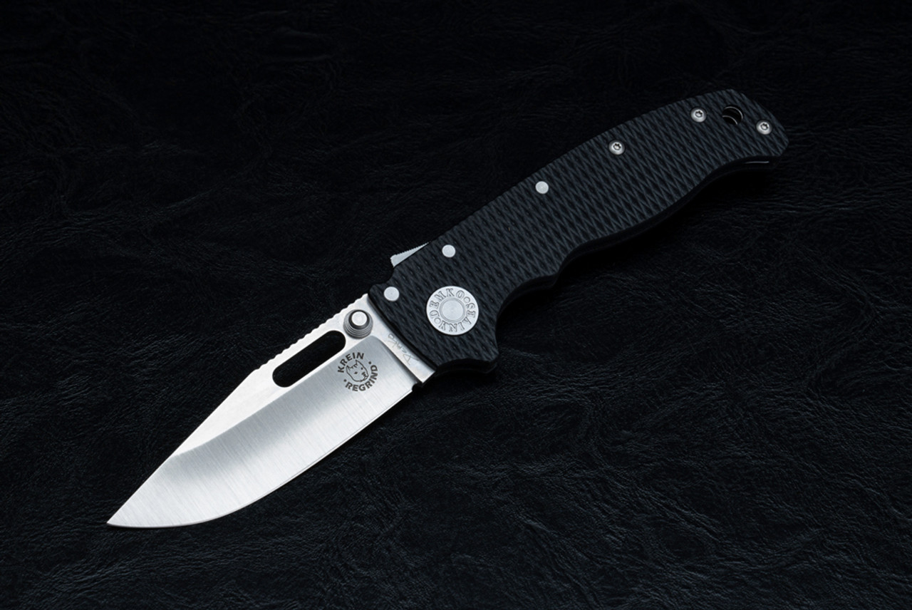 Demko Knives AD20.5 Tom Krein Regrind Clip Point CPM-S35VN Stonewashed Blade Shark Lock w/ Black G-10 Handles - 205-S35-CPB