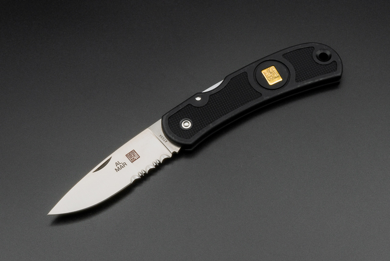 Al Mar Knives Sportsman LE Pocket Knife Satin Blade Partially Serrated w/ Black Zytel Handles and Sheath