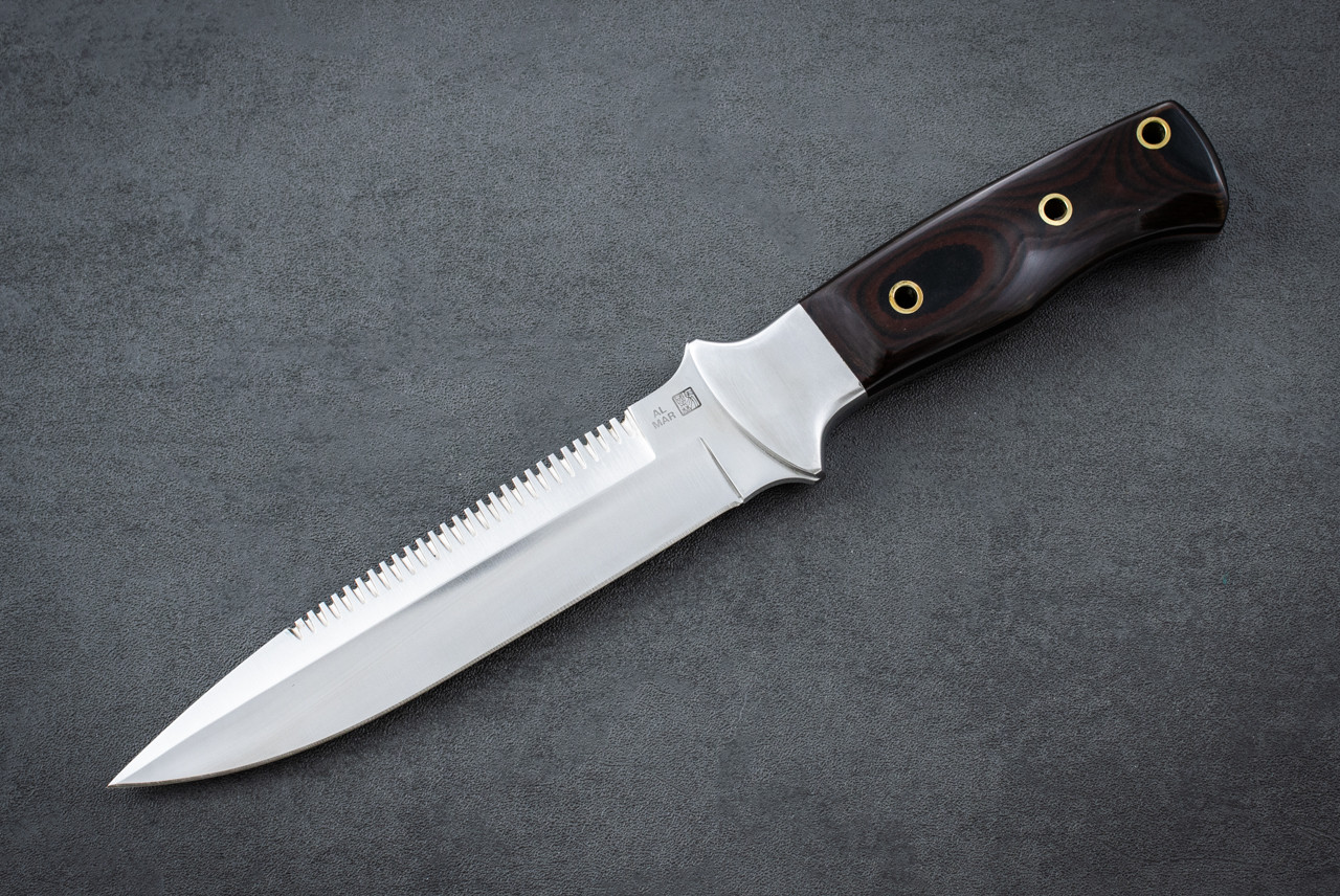 Al Mar Knives SERE V 3005A GM ST Black Serration Fixed Blade Knife Satin Blade w/ Stainless Bolsters Black / Maroon Micarta Handle and Leather Sheath
