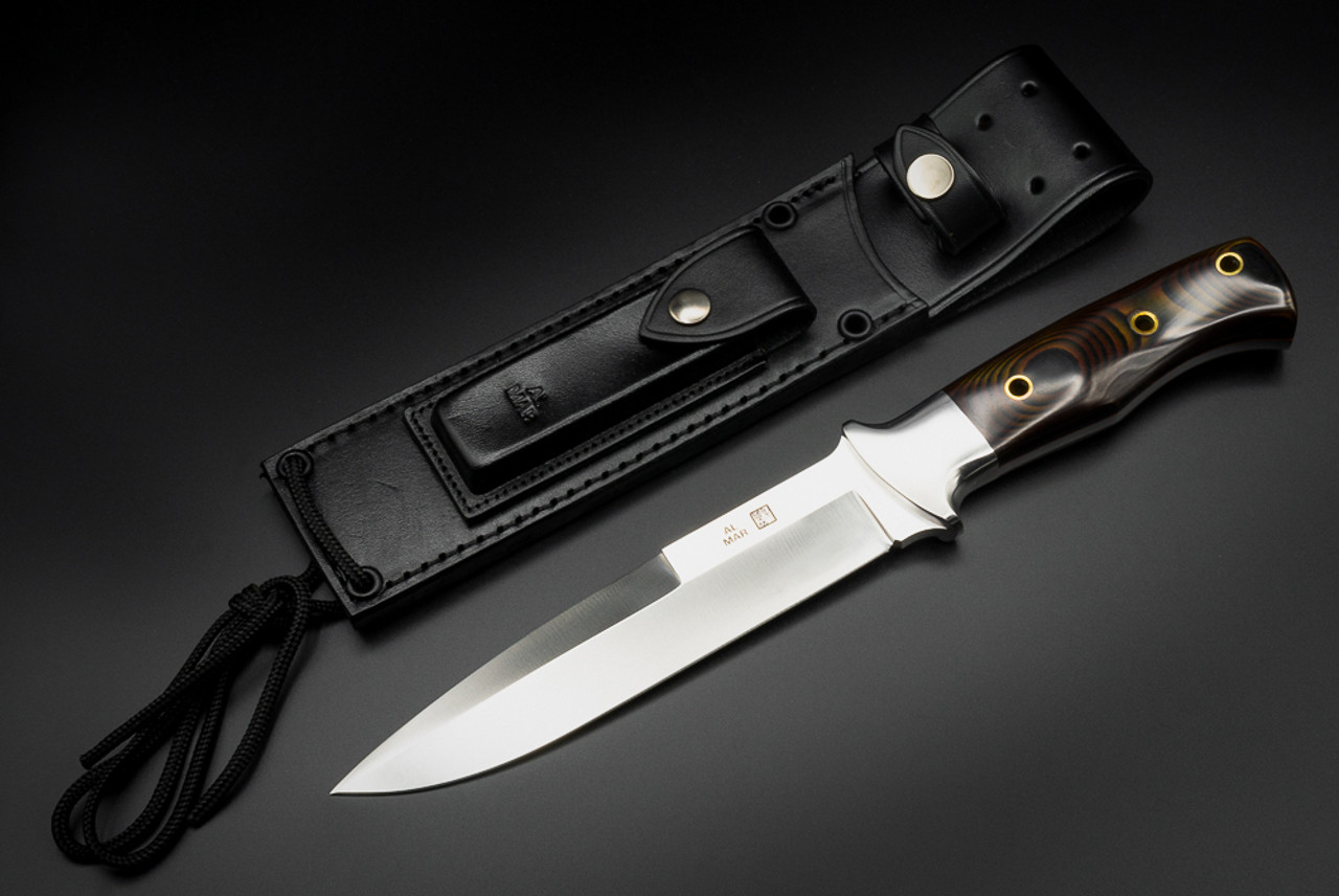 Al Mar Knives SERE VII 3007A GN ST Fixed Blade Knife Satin Blade w/ Stainless Bolsters Black / Maroon Micarta Handle and Leather Sheath