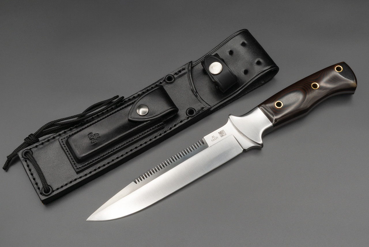 Al Mar Knives SERE VII 3007A GN STR Black Serration Fixed Blade Knife Satin Blade w/ Stainless Bolsters Black / Maroon Micarta Handle and Leather Sheath