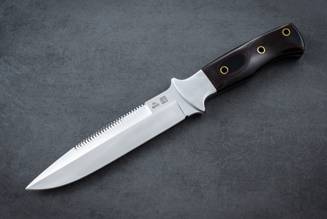 Al Mar Knives SERE VII 3007A GN STR Black Serration Fixed Blade Knife Satin Blade w/ Stainless Bolsters Black / Maroon Micarta Handle and Leather Sheath