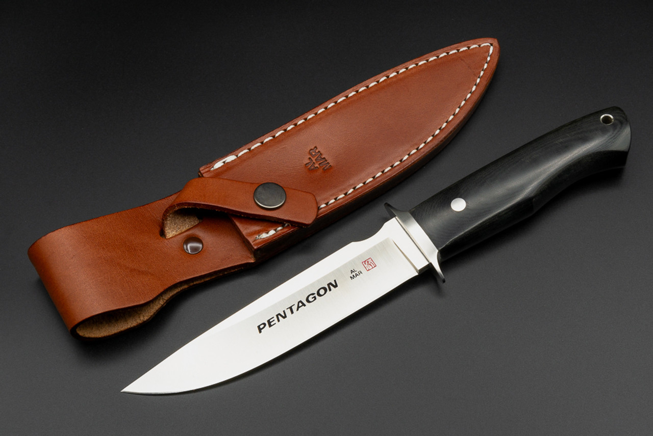 Al Mar Knives All Purpose Utility APU 4102 BM Fixed Blade Knife Satin Blade w/ Black Micarta Handle and Leather Sheath