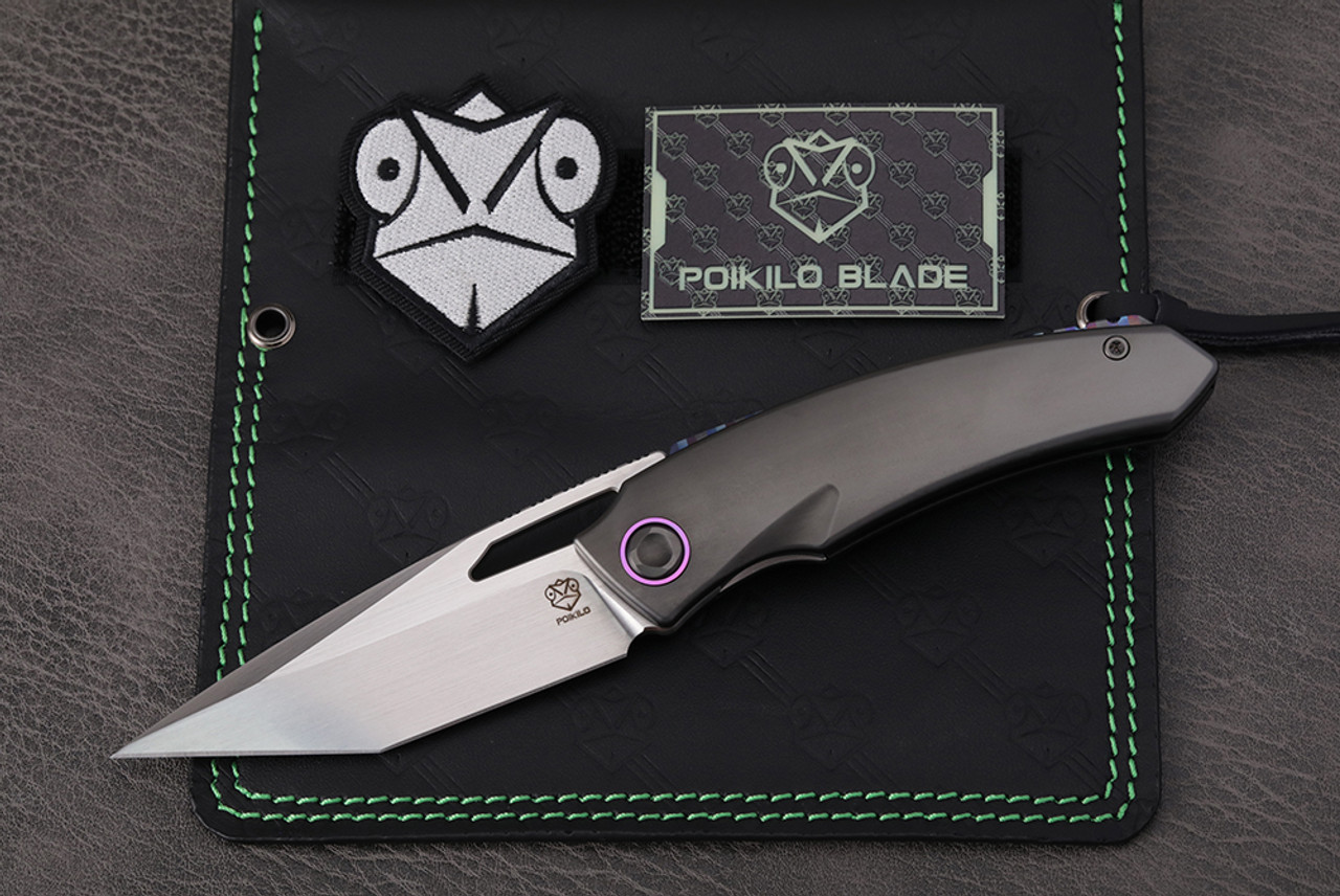 Poikilo Blade Tactical Series Tero-M Flipper Frame Lock Lock Folding Knife Hand Rubbed Blade w/ DLC Titanium Handles and ZircuTi Pocket CLip - Midtech