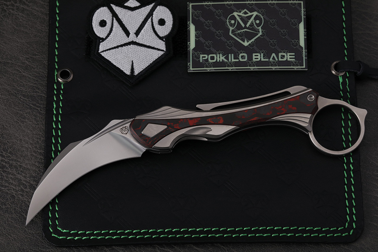 Poikilo Blade Tactical Series Thorny Devil Karambit Flipper Frame Lock Lock Folding Knife Pearlescent Stonewash Blade and Titanium Handles w/ Red Fat Carbon Fiber Inlays