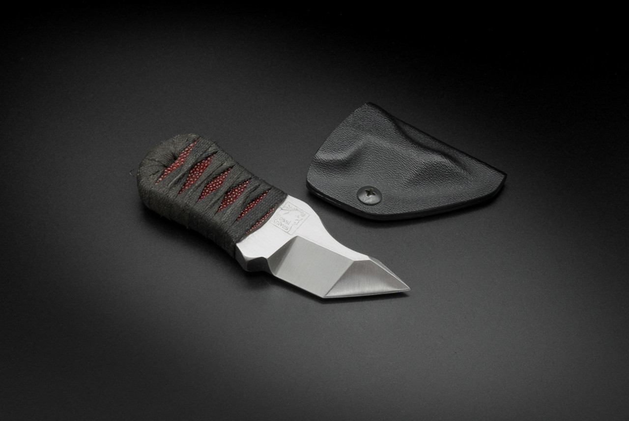 Nick Rossi Knives Custom Heavy Micro Tanto Fixed Blade Satin w/ Black Cord Wrapped Over Maroon Rayskin Handle and Sheath