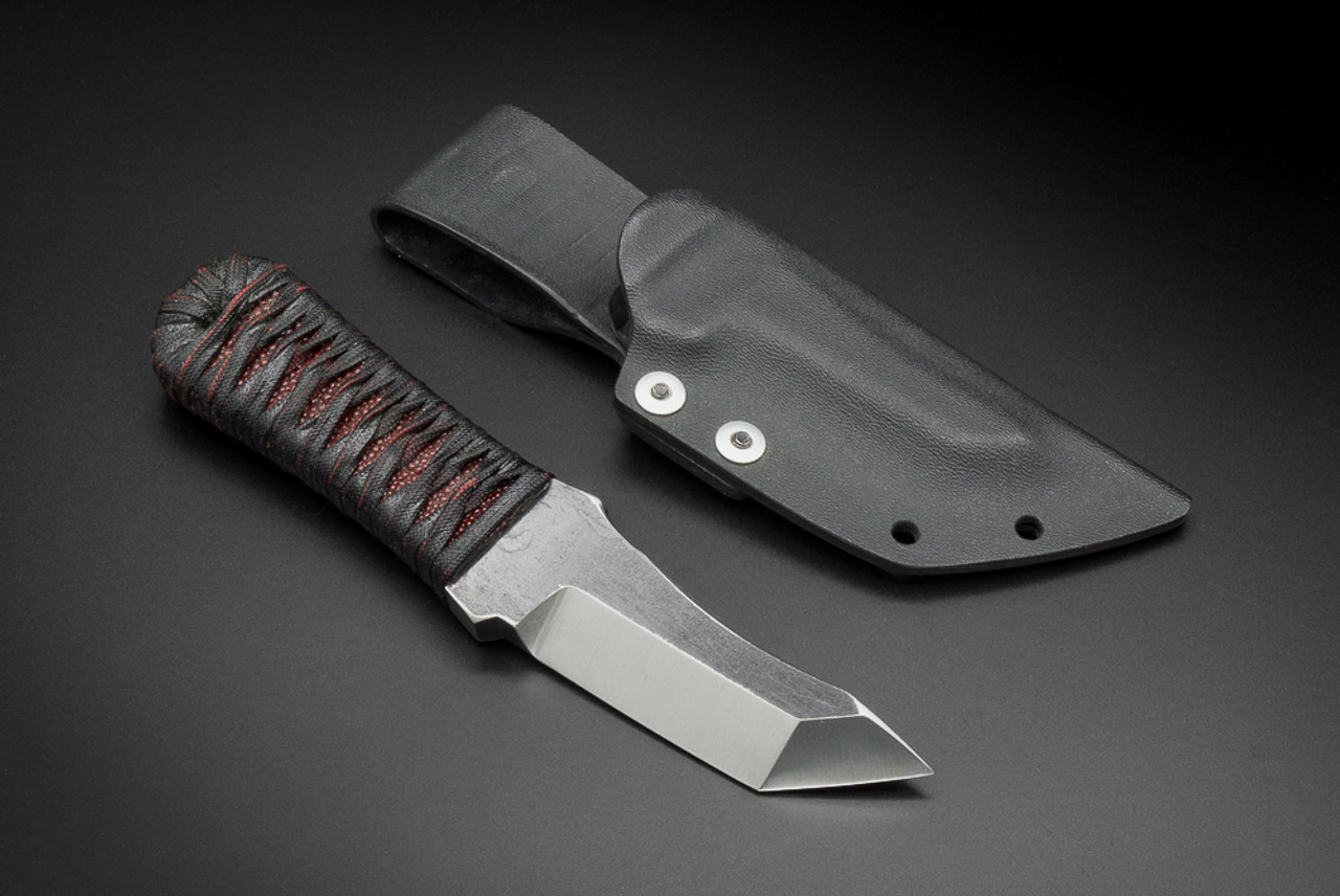 Nick Rossi Knives Custom Heavy Med. Tanto Fixed Blade Satin w/ Black Paracord Wrapped Over Maroon Rayskin Handle and Sheath