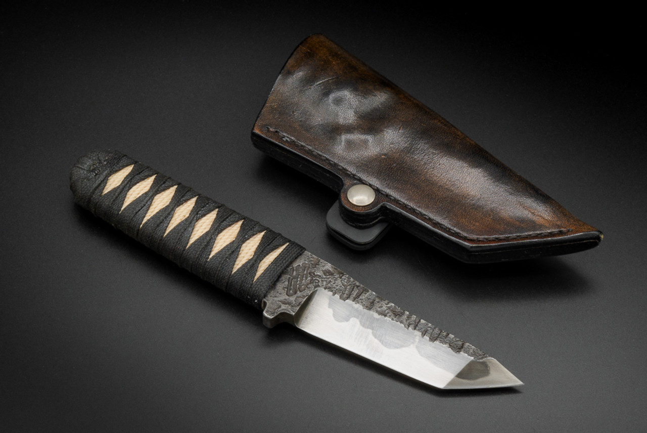 Nick Rossi Knives Custom Forged Tanto Fixed Blade Satin Hamon w/ Wrapped Handle and Leather Sheath