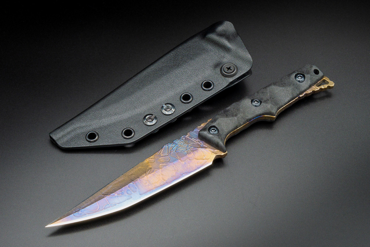 Bawidamann Blades Custom Nameless Dagger MagnaCut Acid Etched Spectral Patina Finish Blade w/ Sheath and Discreet Carry Concepts Clip