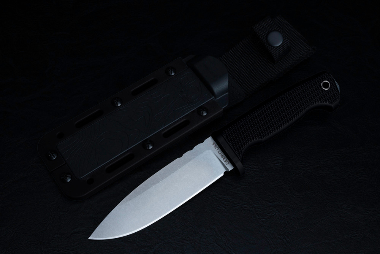 Demko Knives MG FREEREIGN Fixed Blade Knife Drop Point MagnaCut Stonewash Blade w/ Black Injection Molded Rubber Handle and Sheath