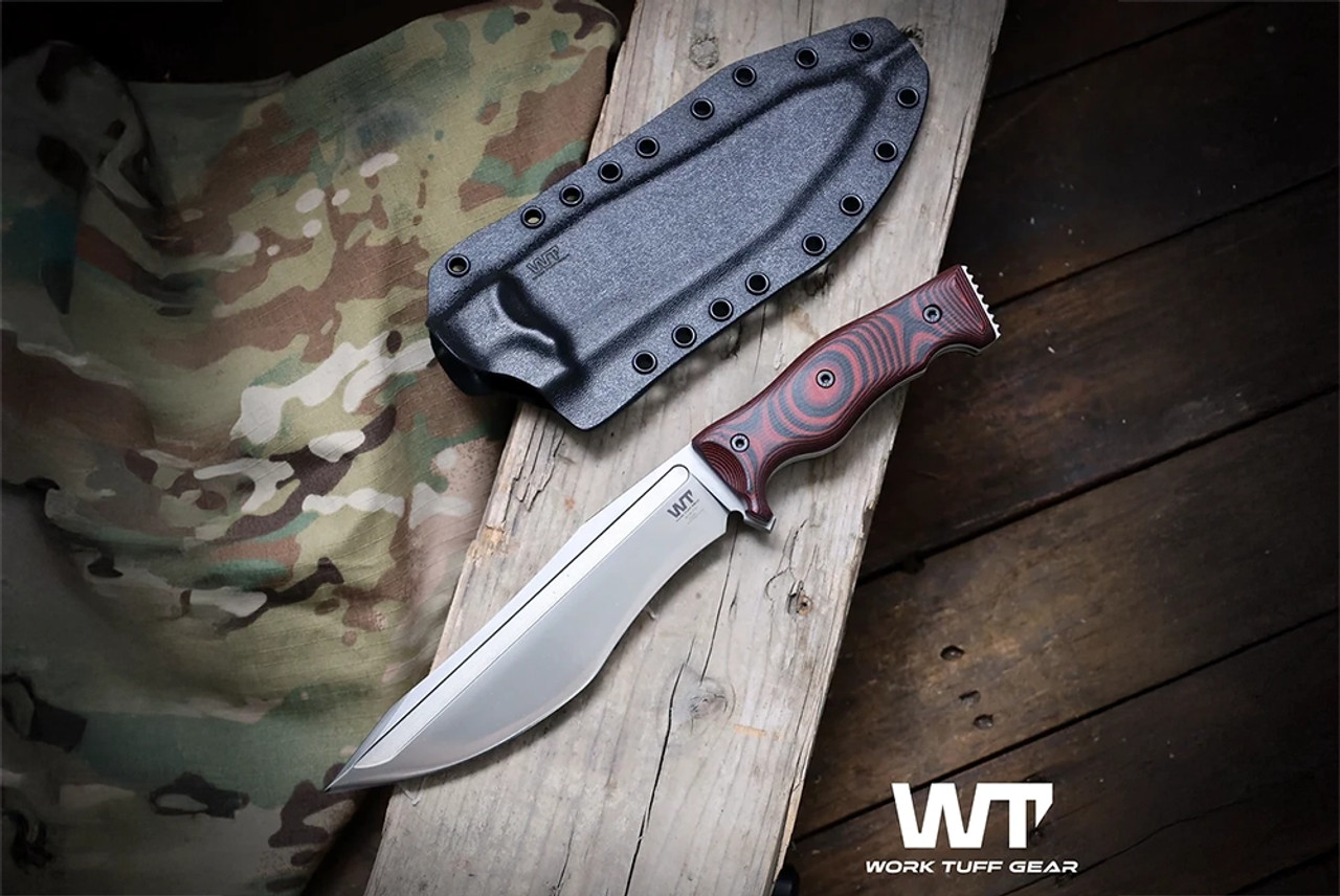 Work Tuff Gear Little Evil Fighter Gen II Fixed Blade Knife Satin Blade w/ Volcano Red Camo G-10 Handles and Sheath - Large