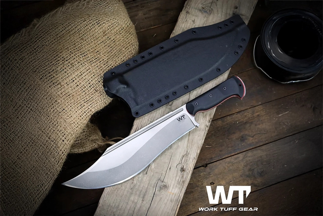 Work Tuff Gear Hellion Fixed Blade Knife Light Tumbling Washed Blade w/ Black G-10 Handles Red Liners and Sheath
