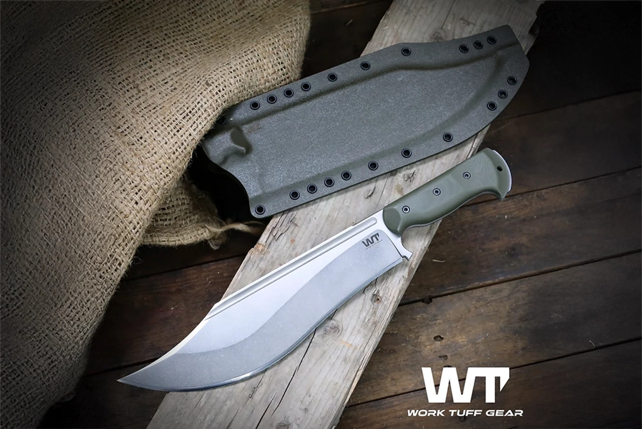 Work Tuff Gear Hellion Fixed Blade Knife Hand Applied Satin Blade w/ OD Green G-10 Handles Natural Liners and Sheath