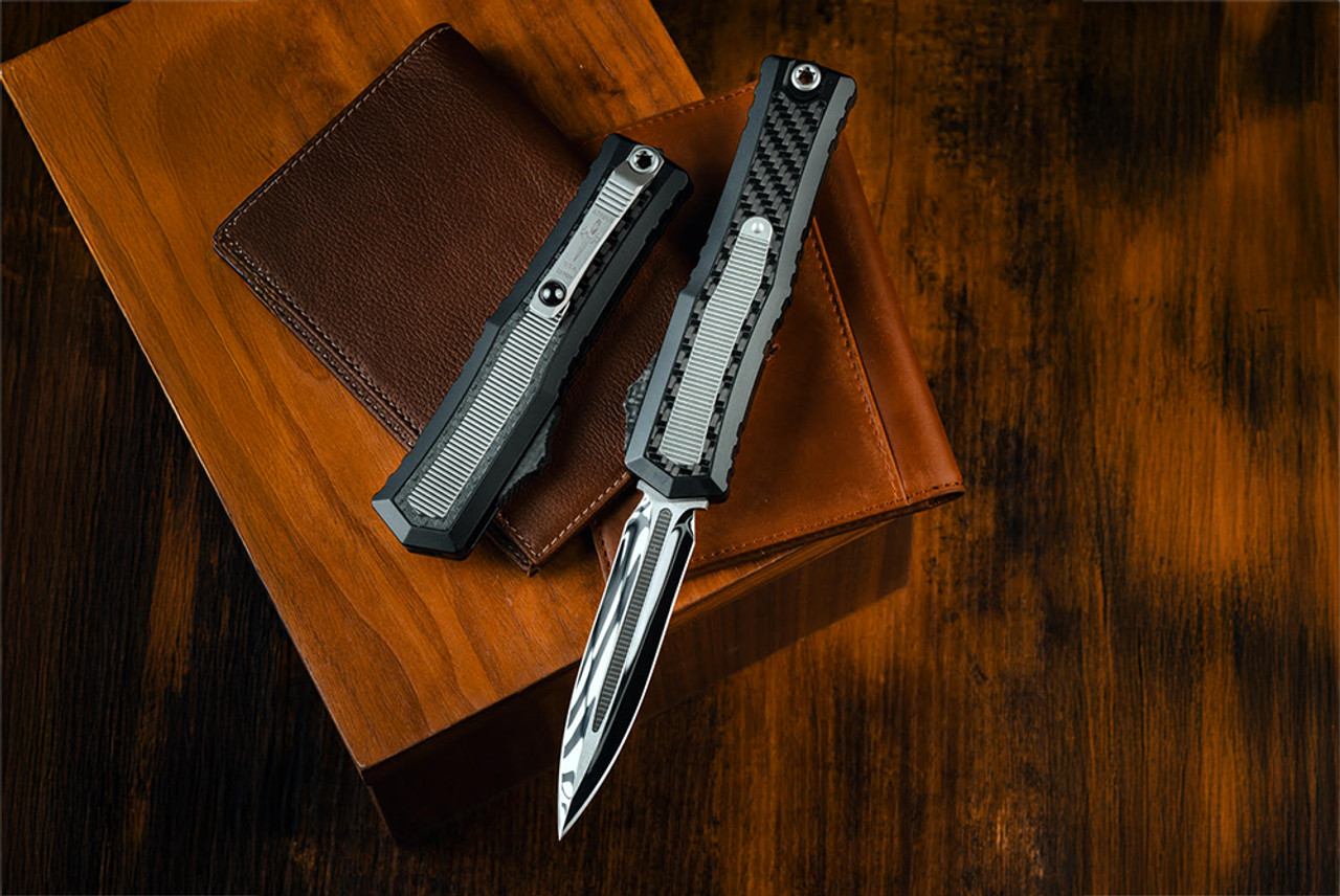 Marfione Custom Atreus D/E OTF Automatic Knife Mirror Polished Blade w/ Black Aluminum Handle Titanium and Carbon Fiber Inlays - 1290-HPCFTI-MCK