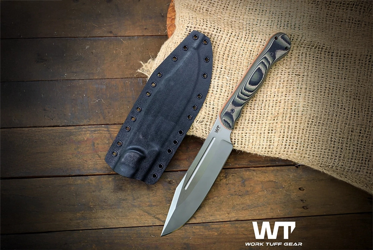 Work Tuff Gear JX Omega Fixed Blade Knife 2-Tone Satin Blade w/ Jungle Camo Gator G-10 Handles Orange Liners and Sheath