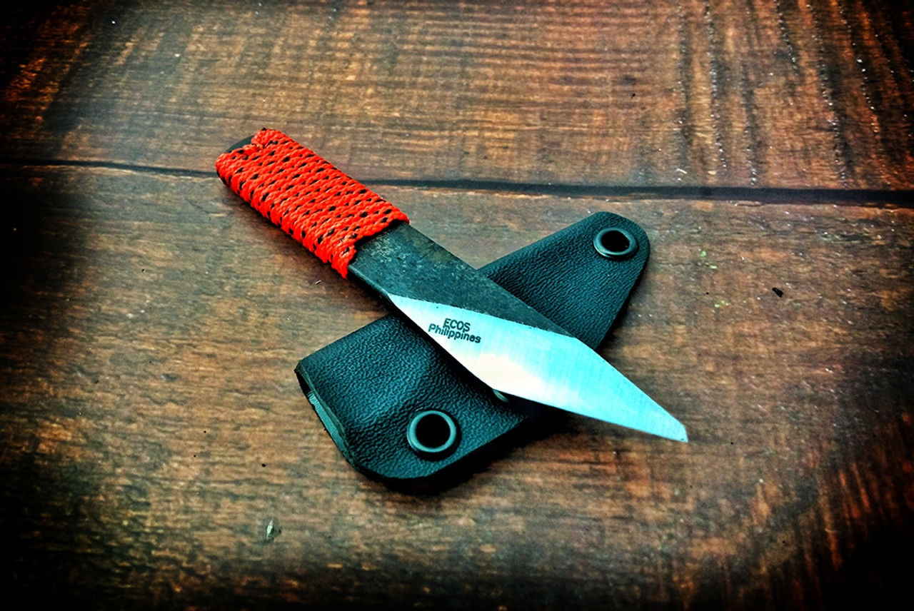 Ecos Knives 4.875" Small Kiritashi Knife Firesale Blade w/ Orange / Black Cord Handles and Kydex Sheath