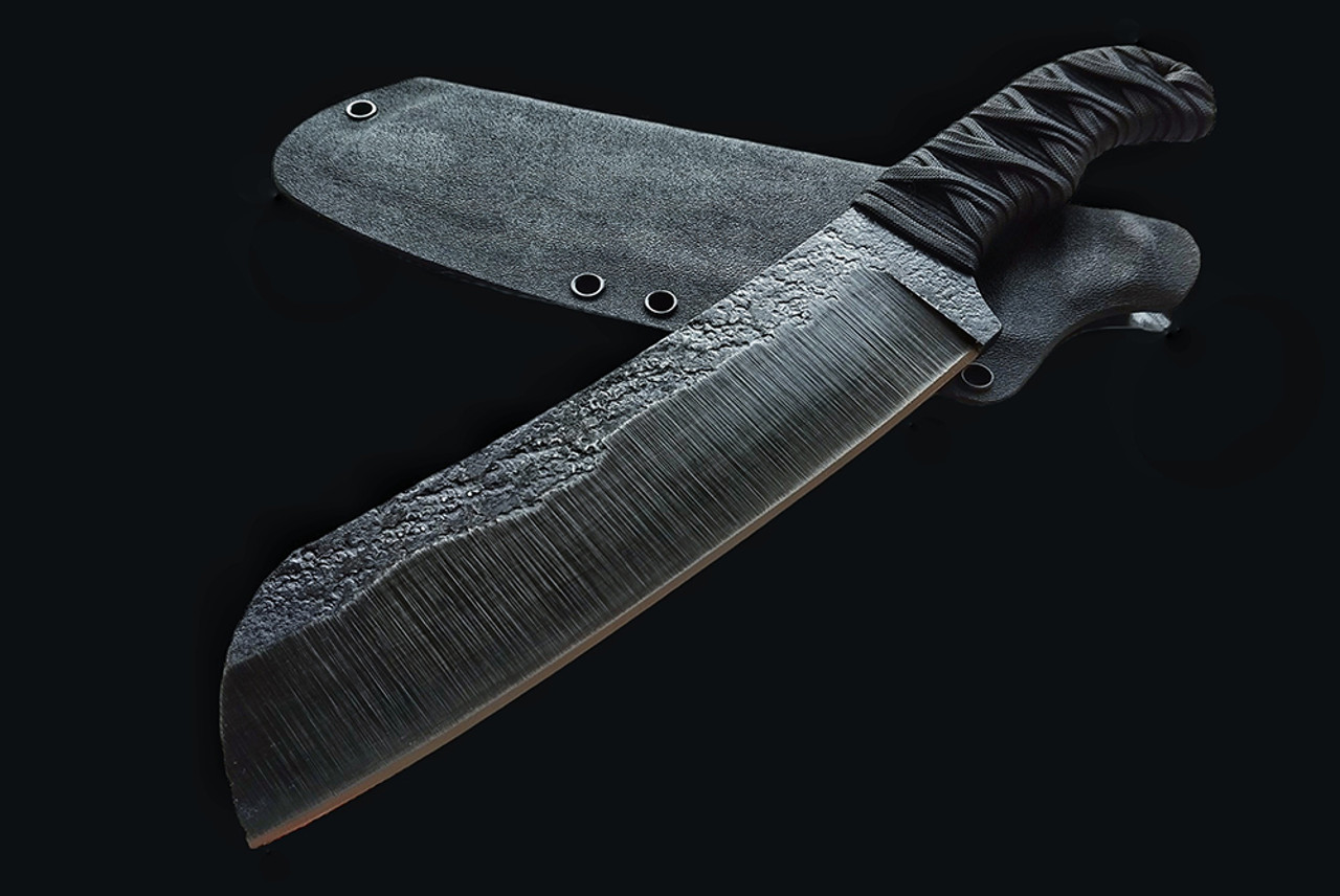 Ecos Knives 12.25" Fixed Blade Knife Acid Washed Blade w/ Black Cord Handles & Kydex Sheath