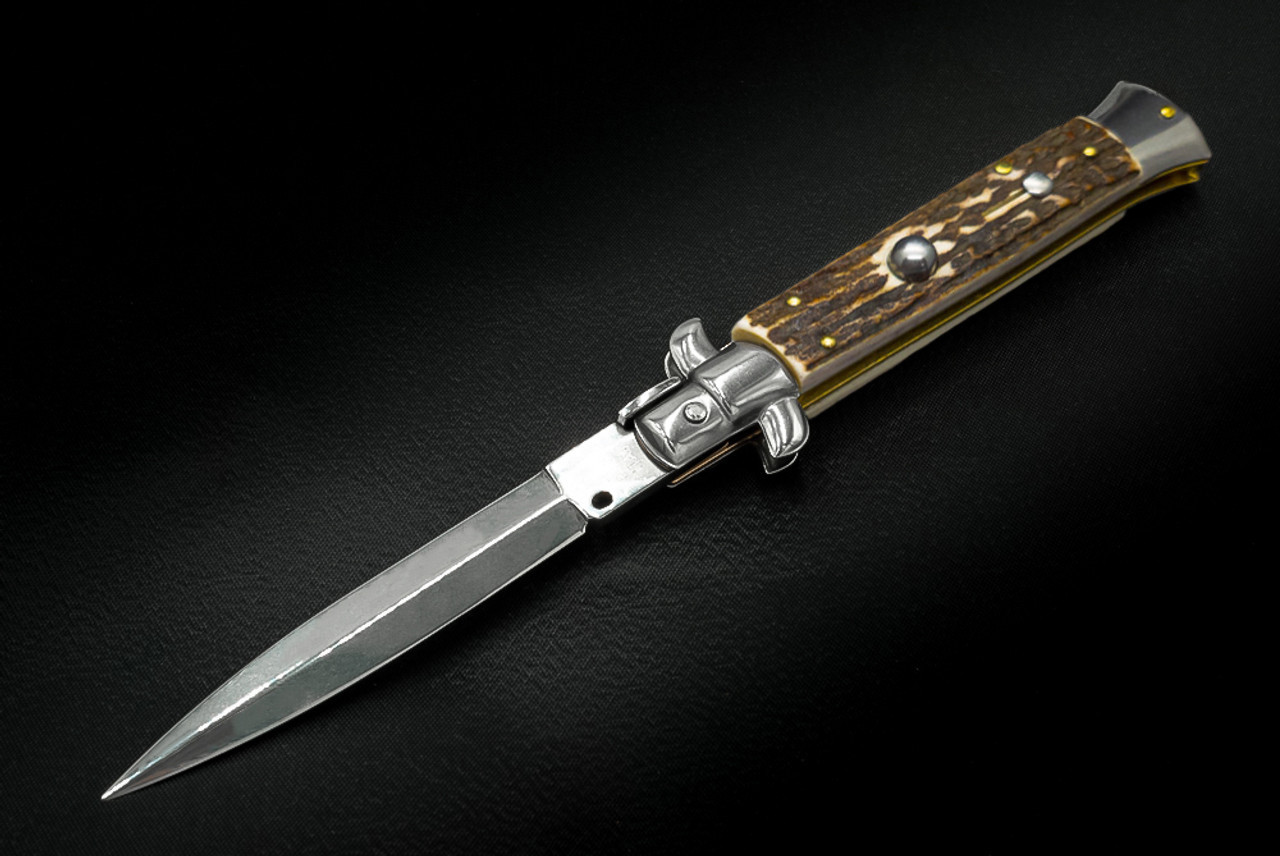 Frank Beltrame Knives 9" Italian Stiletto Automatic Dagger Knife Polished Blade w/ Stag Horn Handle