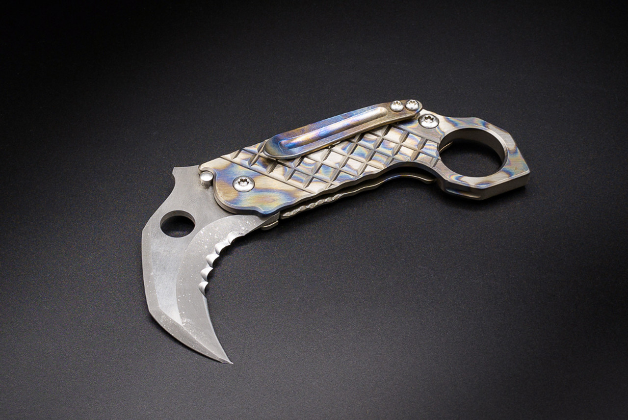 Steve Ryan Knives Karambit Frame Lock Knife 2-Tone Satin Chisel Grind Blade w/ Flame Anodized Milled Titanium Handles