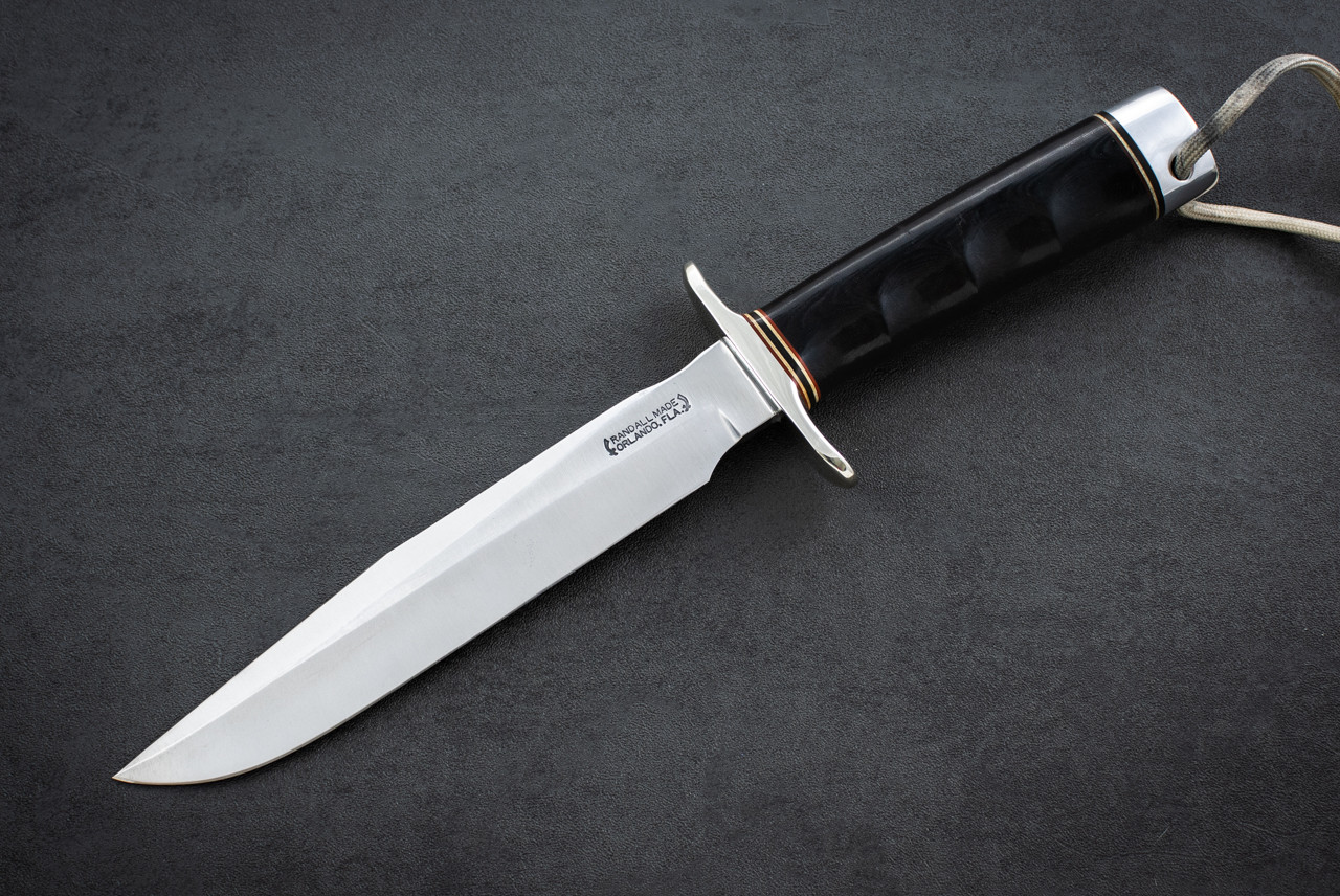 Randall Made Knives Model 1-7" All Purpose Fighting Knife Fixed Blade Carbon Steel Polished w/ Black Micarta Finger Grips Handle and Leather Sheath