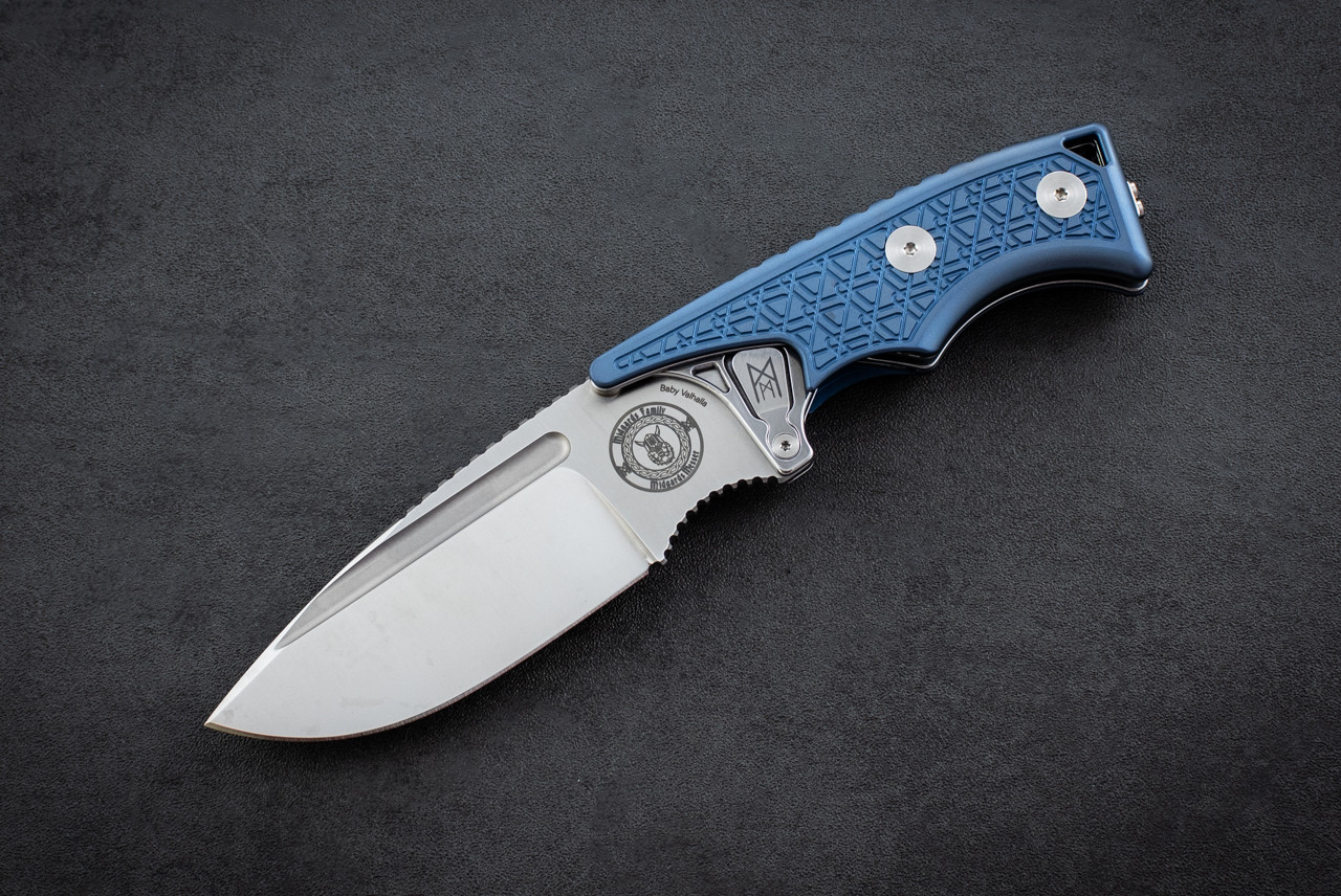 Midgards Messer Baby Valhalla Double-Sided Tab Lock Folder Stonewashed Blade w/ Blue Titanium Handles