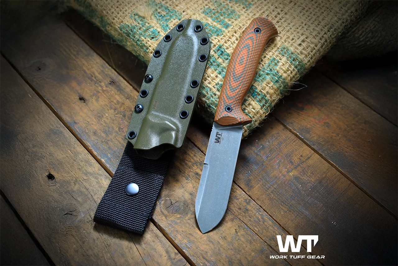 Work Tuff Gear UniHart Fixed Blade Knife Hand Rub Retro Washed Blade w/ Blaze Camo Gator G-10 Handles and Sheath