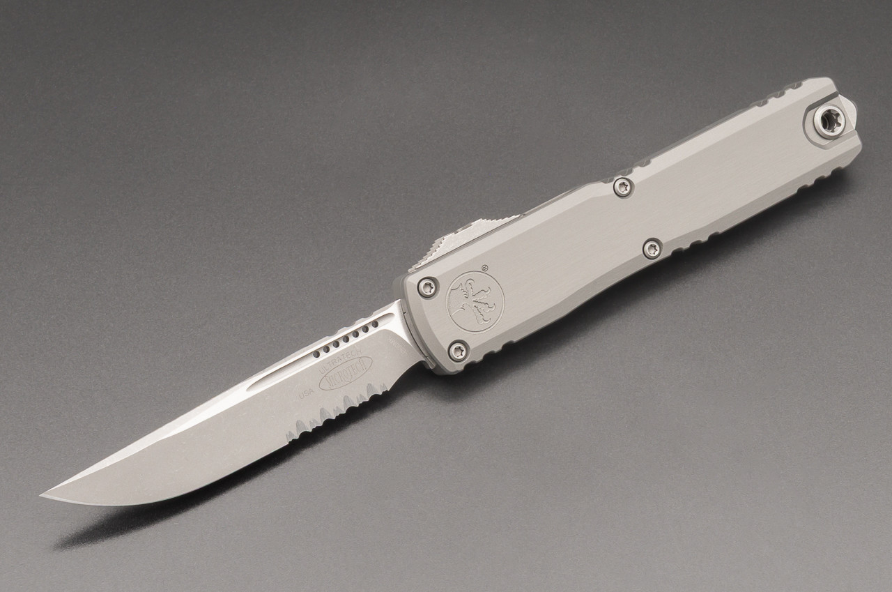 Microtech Knives Ultratech Gen III ZBP S/E OTF Automatic Knife Apocalyptic Blade  Partially Serrated w/ Natural Clear Aluminum Handle - 1121-11APNC