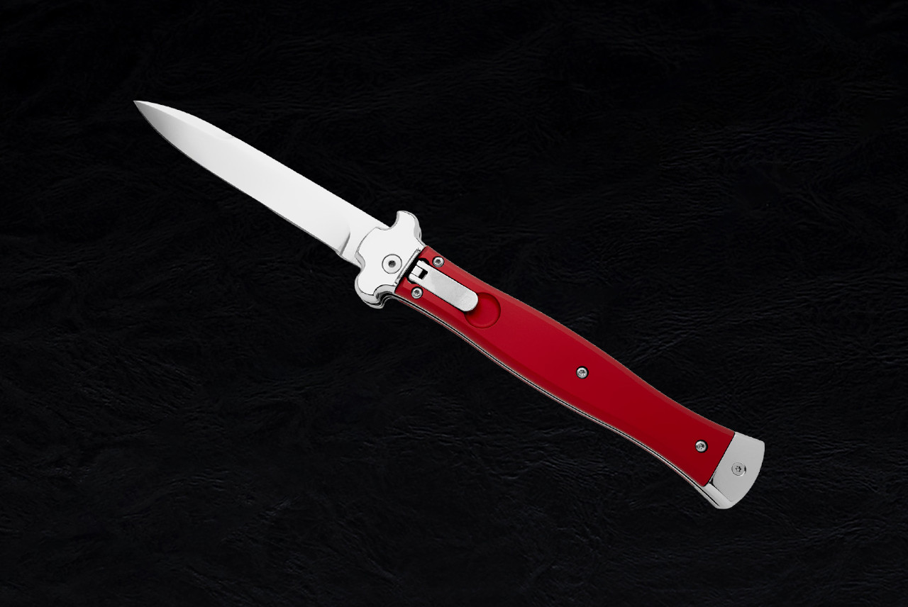 A.G.A. Campolin Zero+ Italian Leverlock Automatic Knife Bayonet Satin Blade w/ Red Aluminum Handle