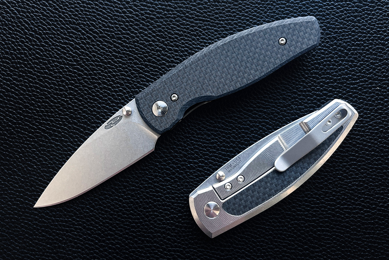 TRM Neutron 2 Framelock Knife MagnaCut 2-Part Tumbling Blade Finish w/ Textured Carbon Fiber Handle and Titanium Framelock w/ Textured Carbon Fiber Inlay