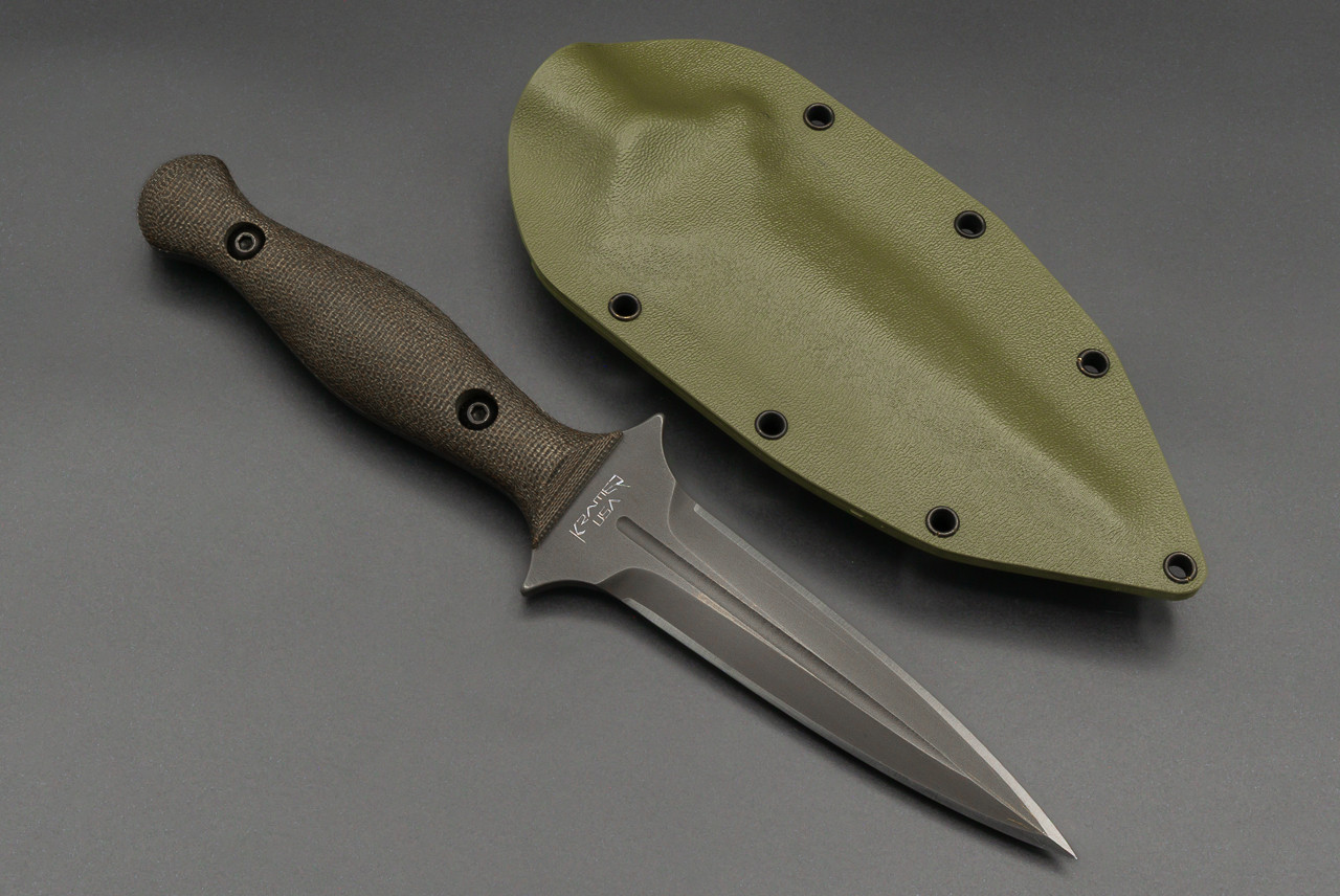 Kramer Custom Knives Commando Dagger Acid Etched Blade w/ OD Green Canvas Micarta Handle and Sheath w/ Discreet Carry Concept Clip