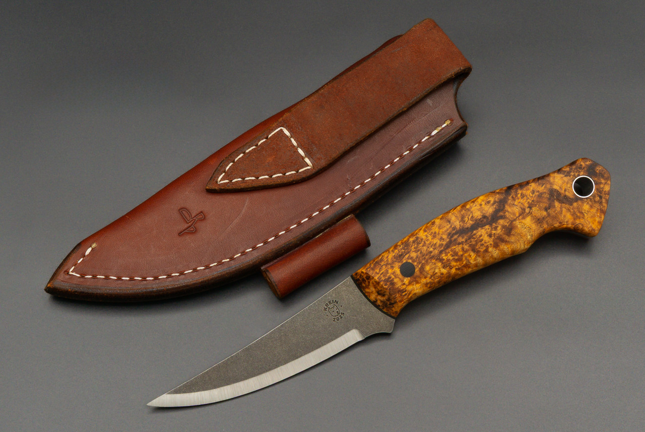 Tom Krein Bushcraft Fixed Blade Knife Black Stonewash Blade w/ Stabilized Black Ash Handle and Leather Sheath