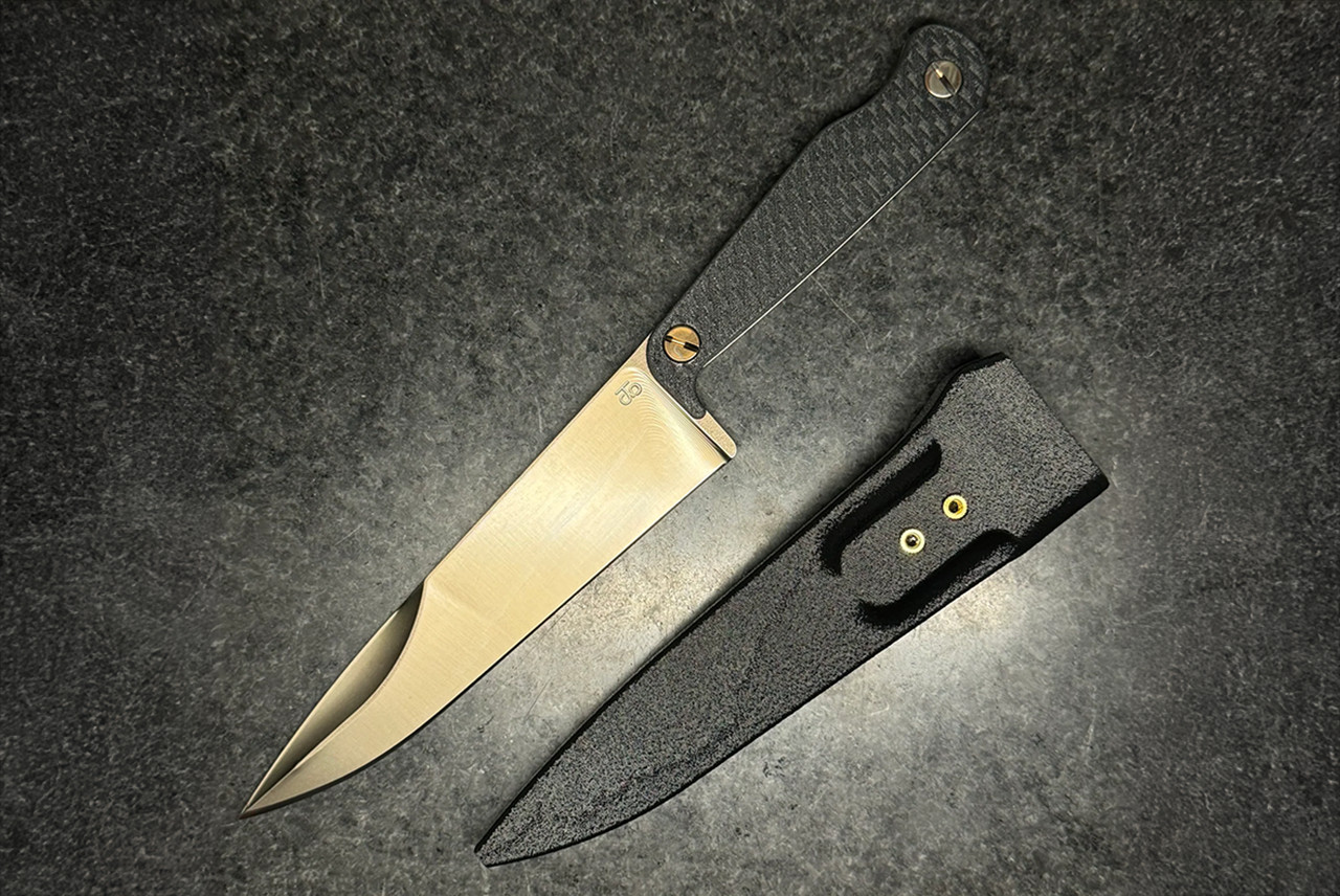 Turner CNC Sneakreaper Industries Adobada Fixed Blade Knife Stonewashed Blade Single Edge w/ Black Carbon Fiber Handle and Sheath w/ Tracker Dan Clip
