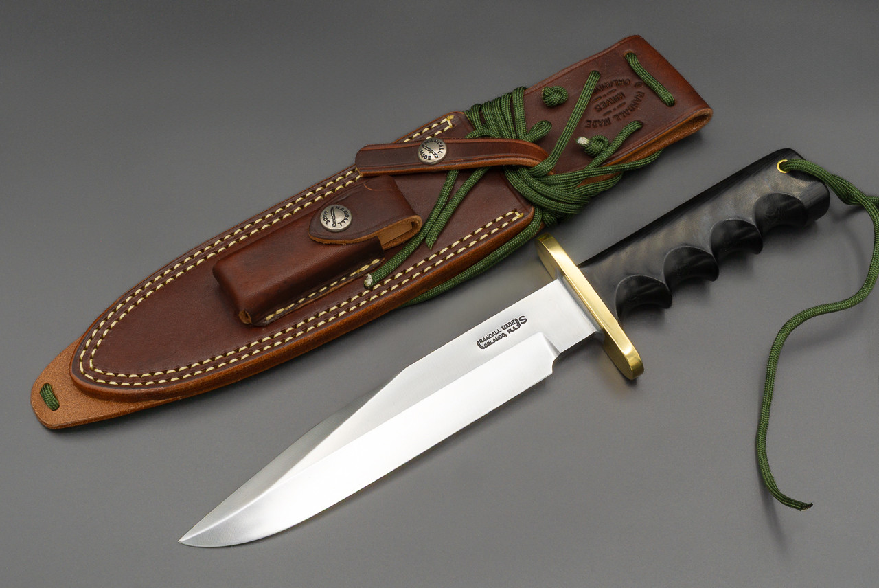 Randall Made Knives Model 14-7 1/2" "Attack"  Fixed Blade knife w/ Black Micarta Finger Grips Handle and Leather Sheath