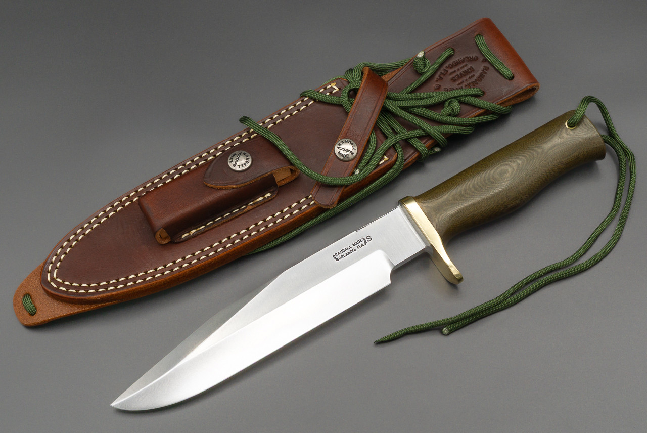 Randall Made Knives Model 14-7 1/2" "Attack"  Fixed Blade knife Non Sharpened Top Bevel w/ Border Patrol Shaped Green Micarta Handle and Leather Sheath