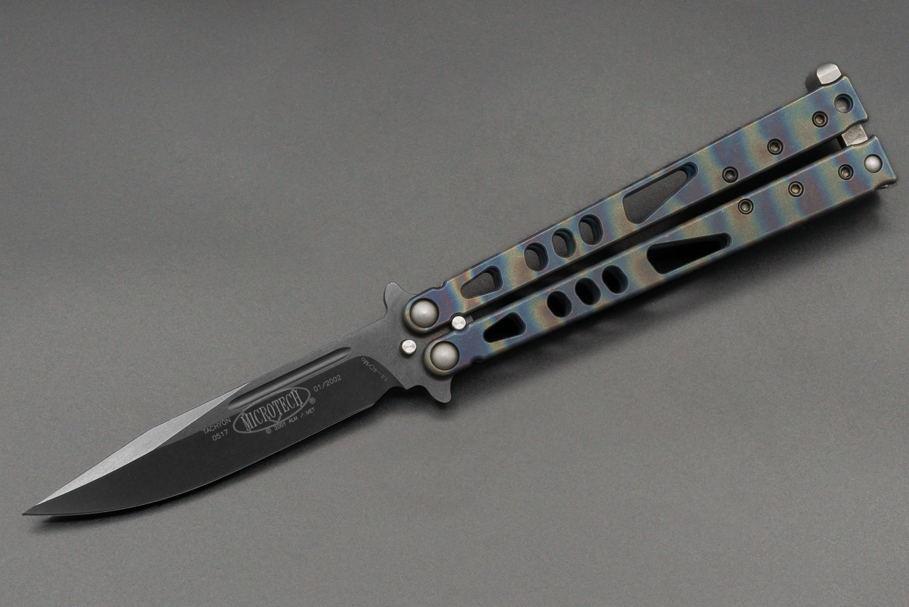 Microtech Knives Tachyon 01/2002 Balisong Butterfly Knife Tumbled Blade w/ Flame Anodized Titanium Handle and Custom Clip