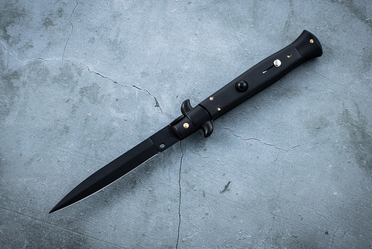 Frank Beltrame Knives 9" Italian Stiletto Automatic Dagger Knife Black Teflon Blade w/ Black Polymer Handle