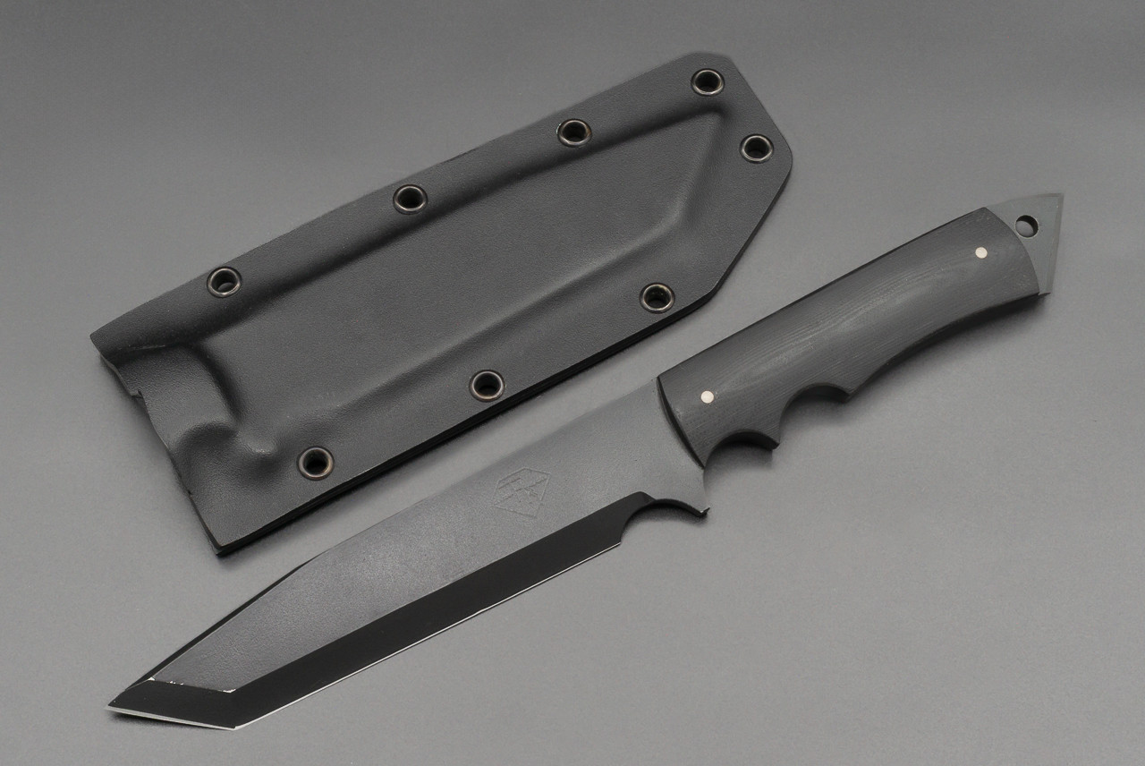 Trace Rinaldi Custom Fixed Blade Tanto Black Blade w/ Black Micarta Handles and Sheath