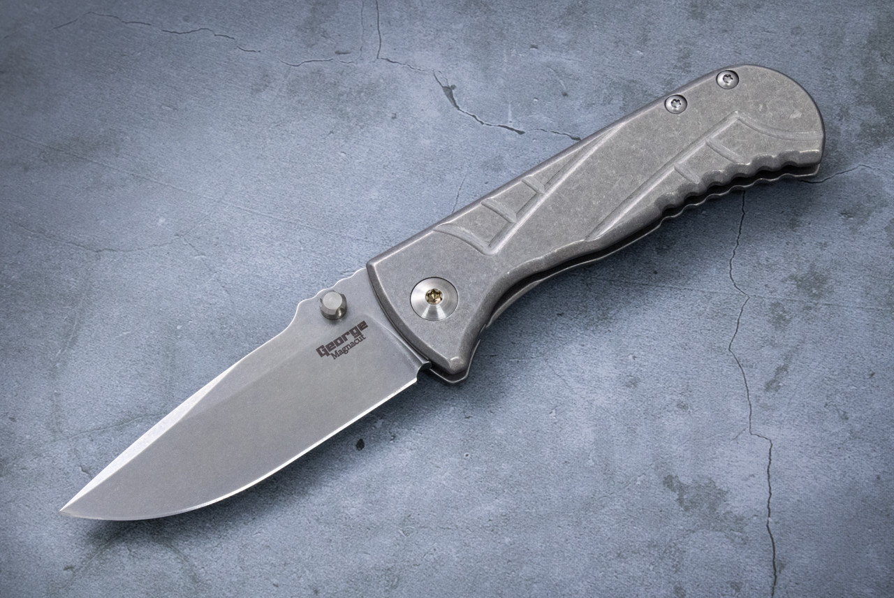 Les George Knives Talos Framelock Magnacut Stonewash Blade and Sweep Titanium Handle