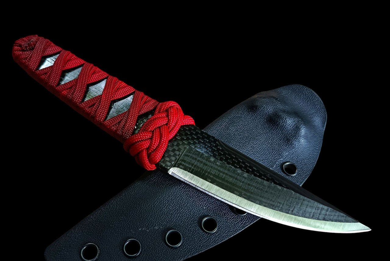 Ecos Knives 8.50" Carbon Fiber Black G-10 Laminate Knife w/ Red Paracord Handle and Sheath