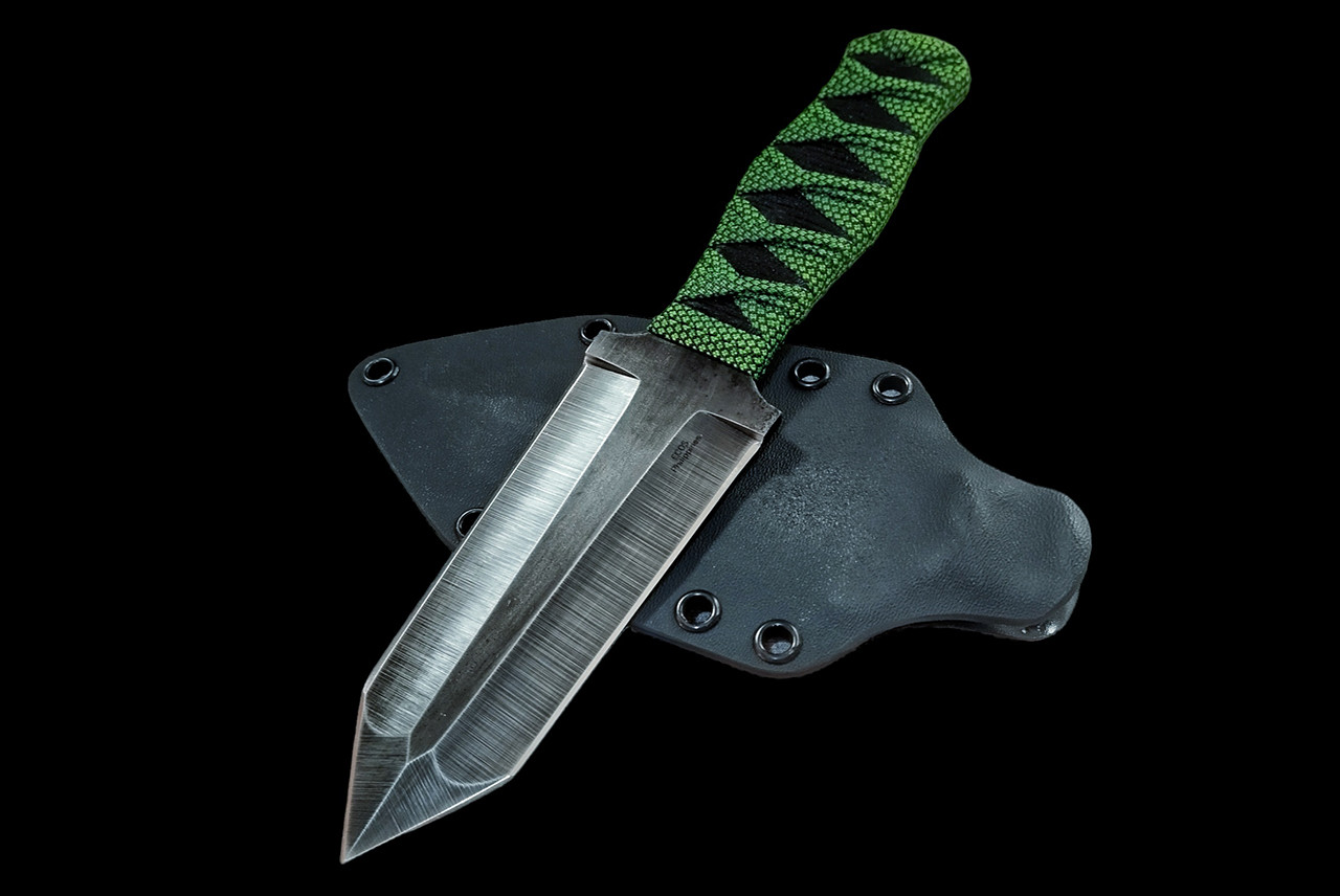 Ecos Knives 10" Fixed Blade Dagger Acid Washed Blade w/ Green / Black Paracord Wrapped Handle and Sheath