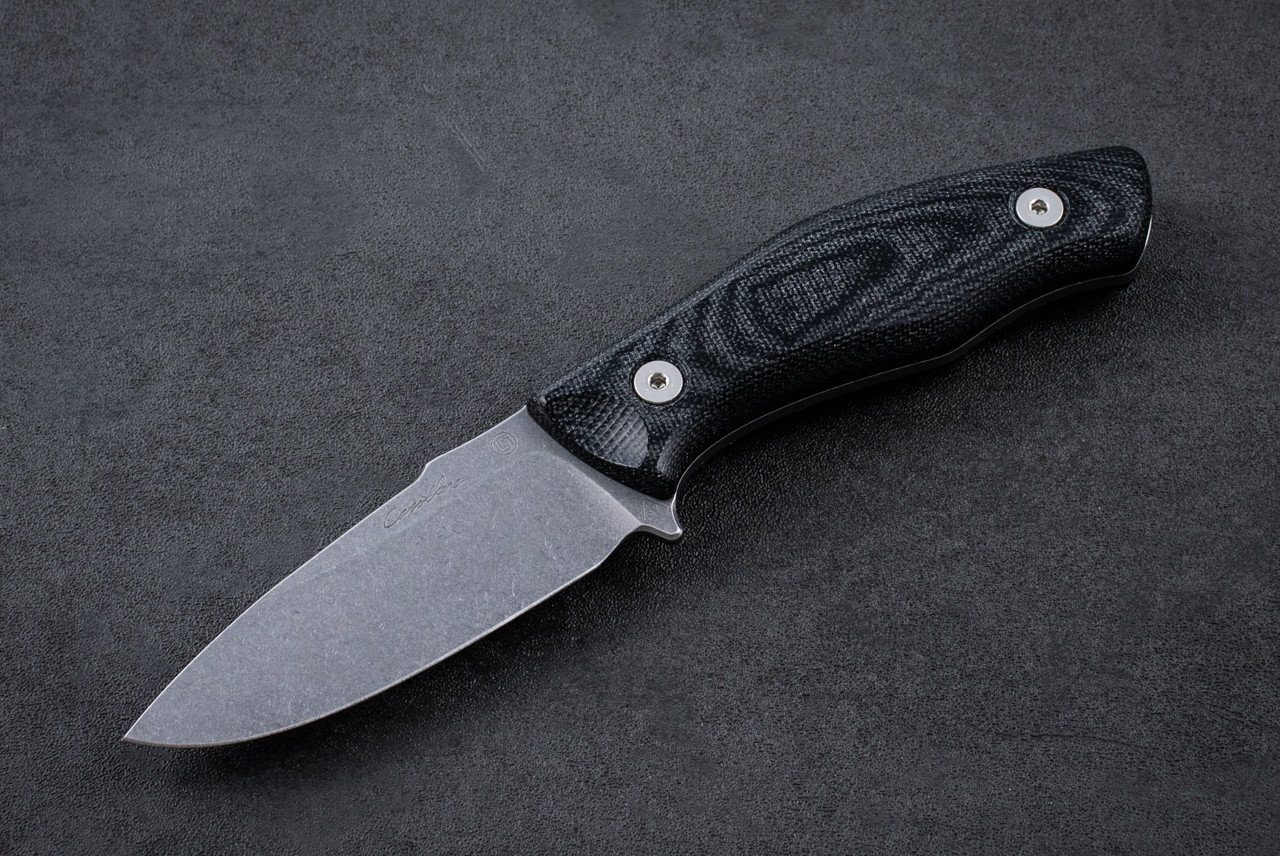 Carothers Performance Knives EDC 1.2 Fixed Blade Knife 3V Stonewashed Blade w/ Buffed Black Canvas Micarta and Stainless Steel Hardware