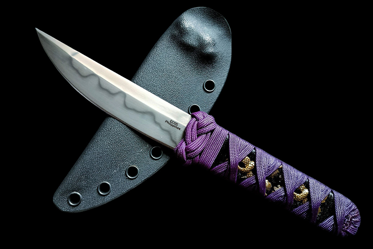 Ecos Knives 9" Kwaiken Hamon Lined Blade w/ Purple Turk Paracord / Black Cord Handle and Sheath