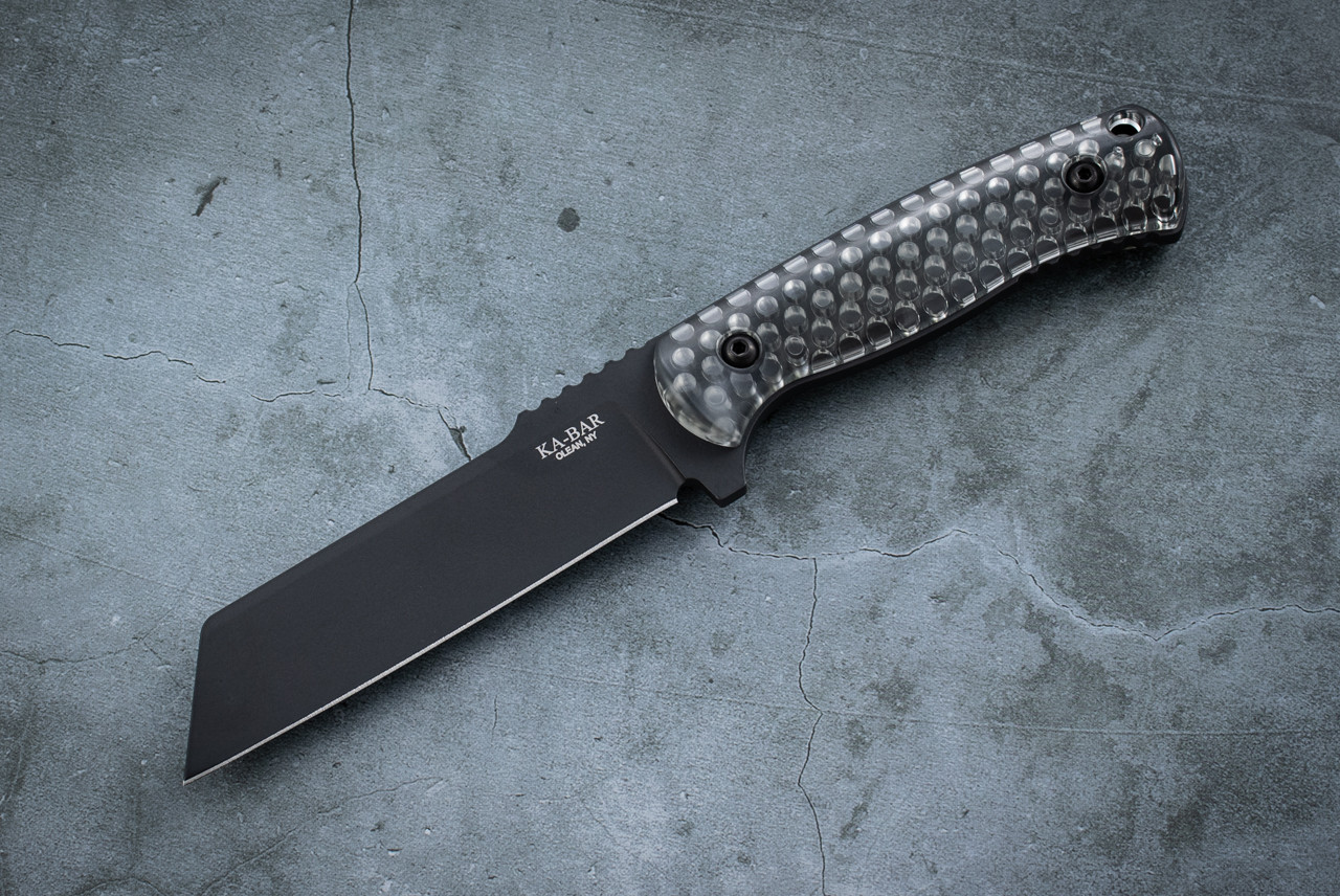 Ka-Bar Les George Cool Name Fixed Blade Knife Sheepsfoot Black Blade w/ Transparent Honeycomb Smoke Polycarbonate Handles and Sheath