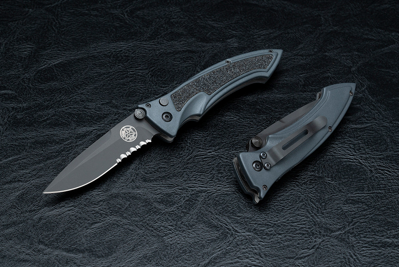 Masters of Defense Small Fighter Tactical Modified Spear Point Button Lock Folding Knife Black Blade Partially Serrated Edge with Black Handles - STF-685