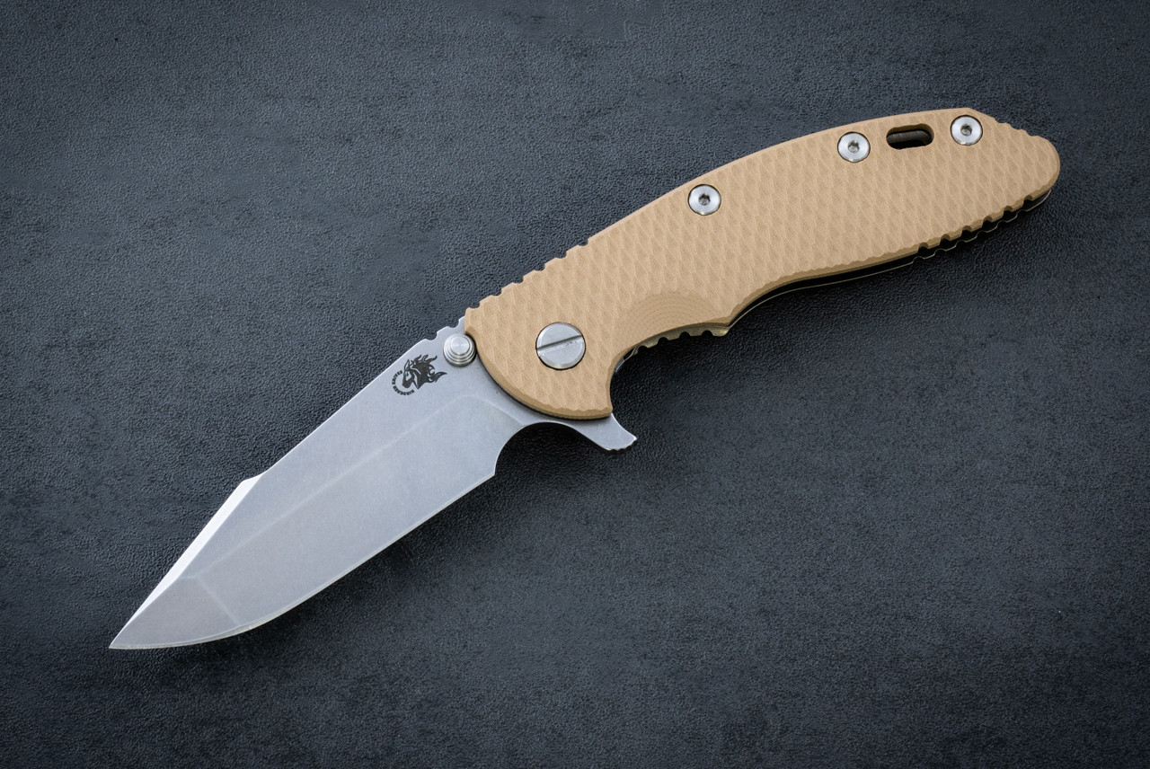 Rick Hinderer Knives XM-18 3.5" Harpoon Spanto MagnaCut Stonewash Blade w/ Bronze Frame Lock and Coyote G10 Handle